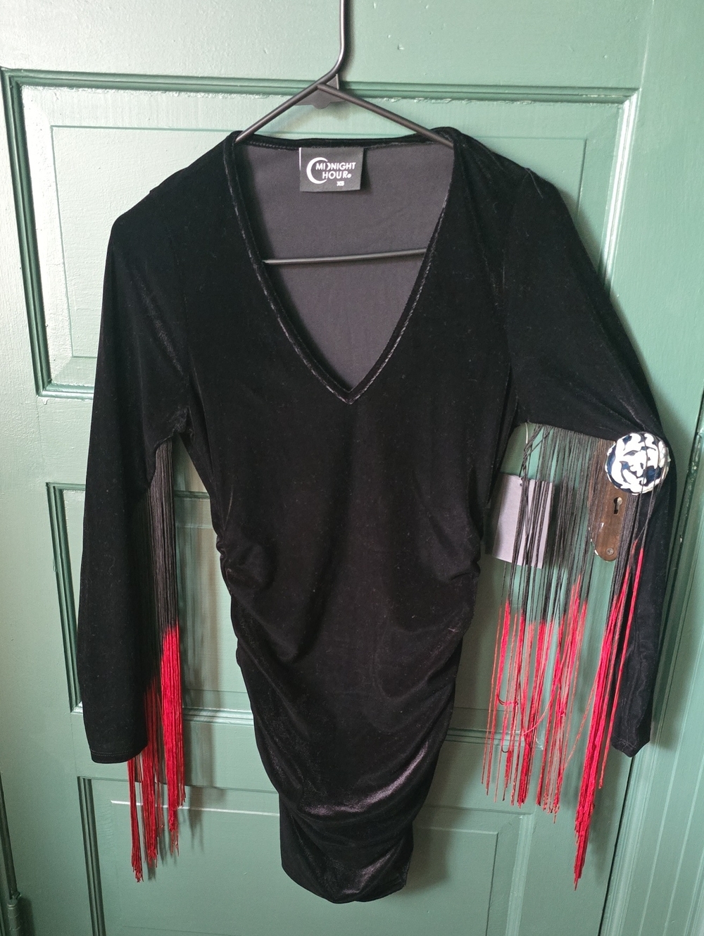 Midnight Hour Black Velvet Mini Dress with Red Fringe